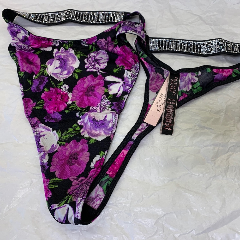 NWT Victoria's Secret Very Sexy Satin Thong, XXL 2XL black floral, Valentines